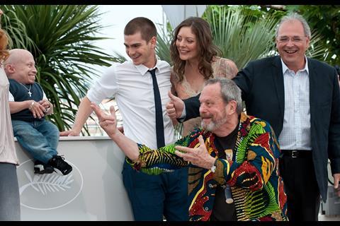 (L-R) Actor Verne Troyer (seated), actor Andrew Garfield, producer Amy Gilliam, director Terry Gilliam and producer Nicola Percorini at the photo call of "The Imaginarium Of Doctor Parnassus" at the 62nd Cannes Film Festival in Cannes